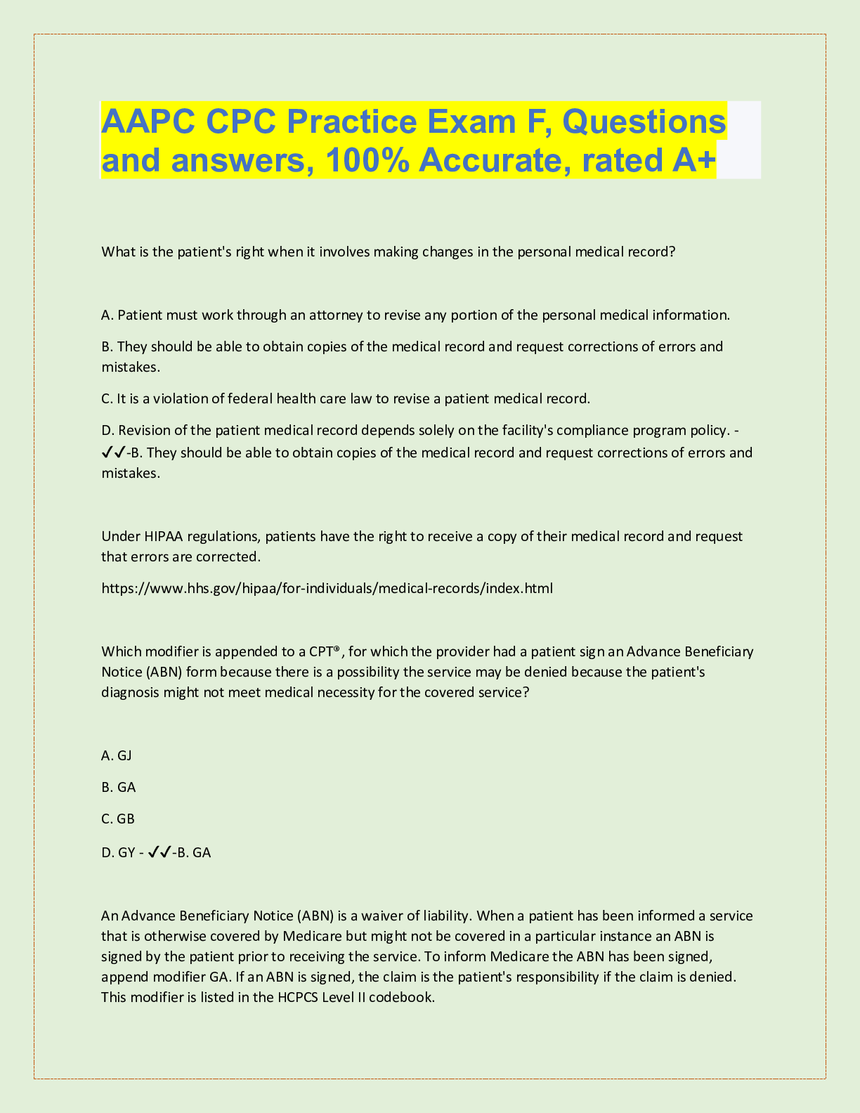Preview of AAPC CPC Practice Exam F Questions And Answers 2022/2023